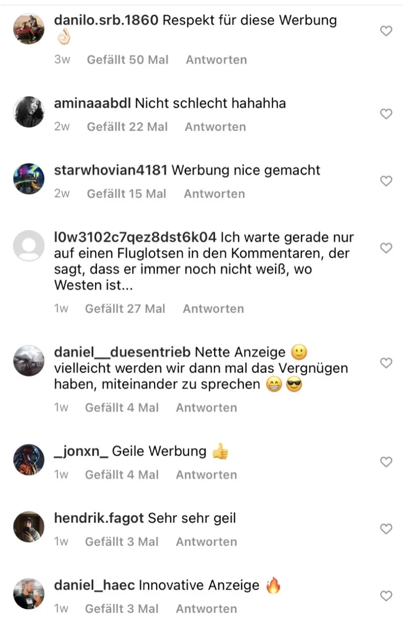 Instagram-Kommentare von Studierenden zur Deutsche Flugsicherung-Kampagne auf Studentenstoff