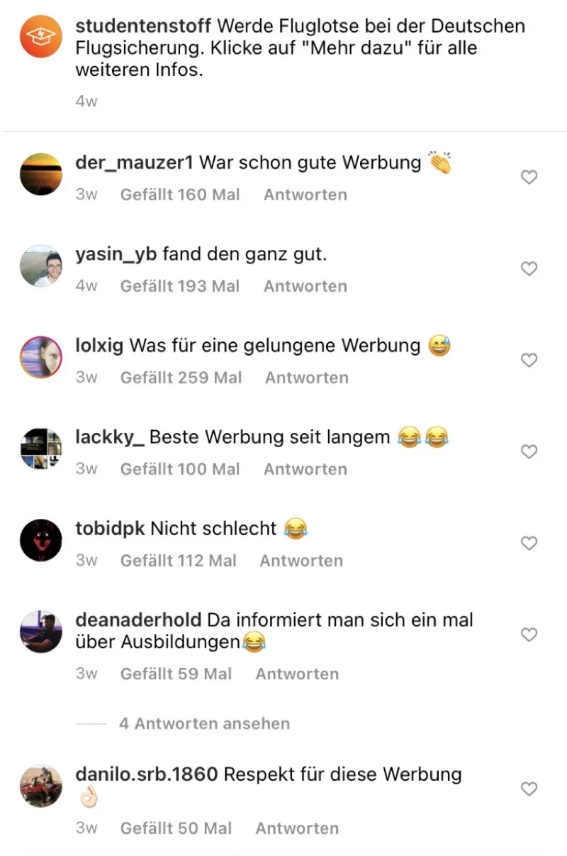 Instagram-Kommentare von Studierenden zur Deutsche Flugsicherung-Kampagne auf Studentenstoff