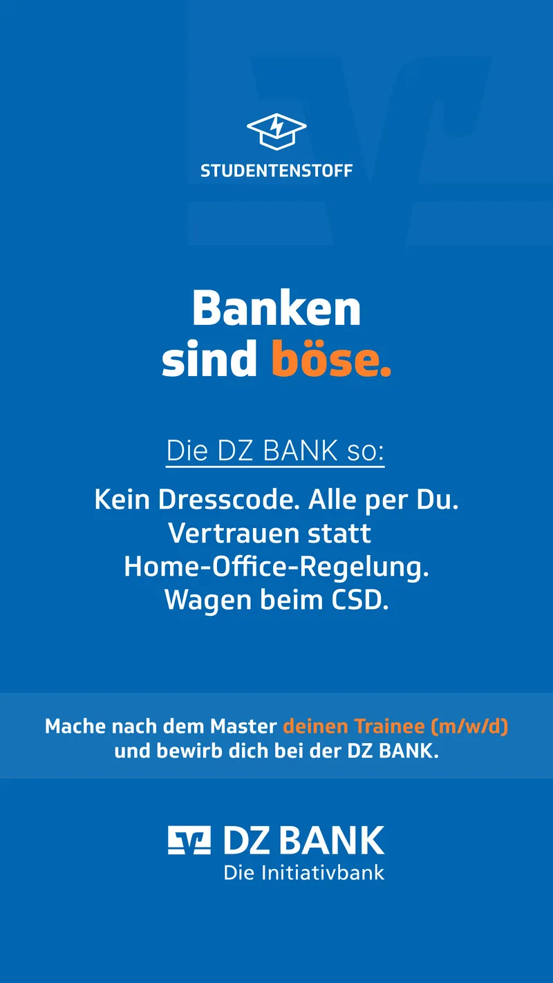 DZ BANK: Motiv „Banken sind böse“ der Recruiting-Kampagne auf Studentenstoff