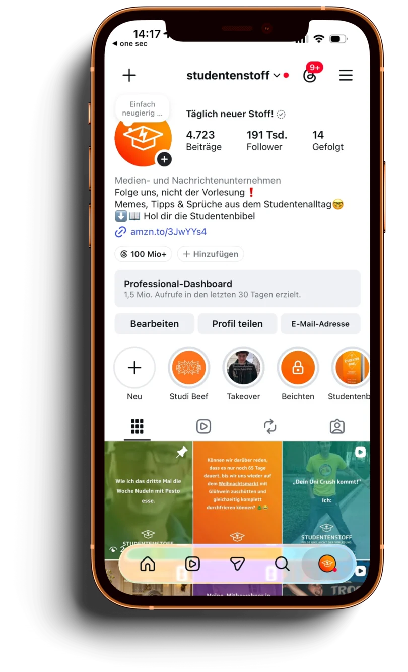 Instagram-Profil von Studentenstoff mit 191.000 Followern und täglich neuen Posts für Studierende